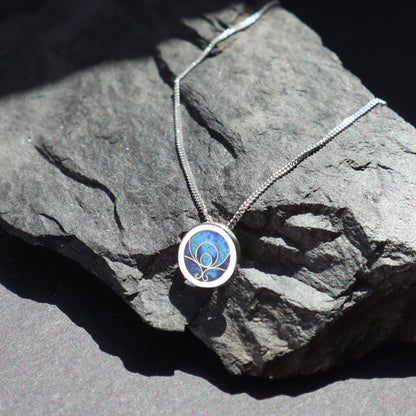 handmade silver pendant, blue enamel necklace