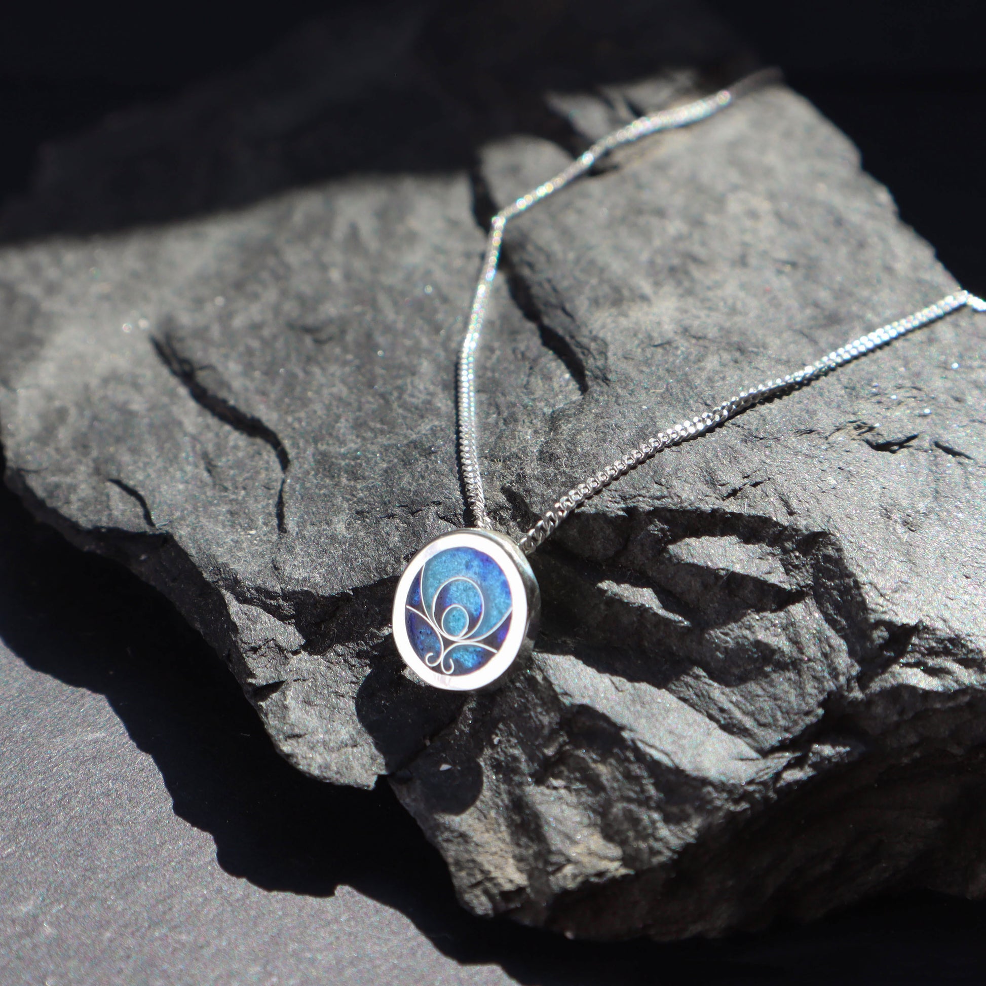 blue enamel pendant, handmade silver pendant necklace