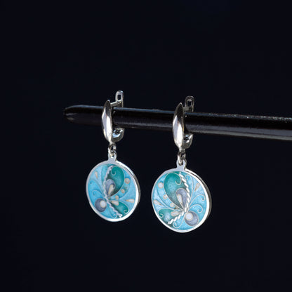 blue cloisonne earrings, enamel earrings dangle