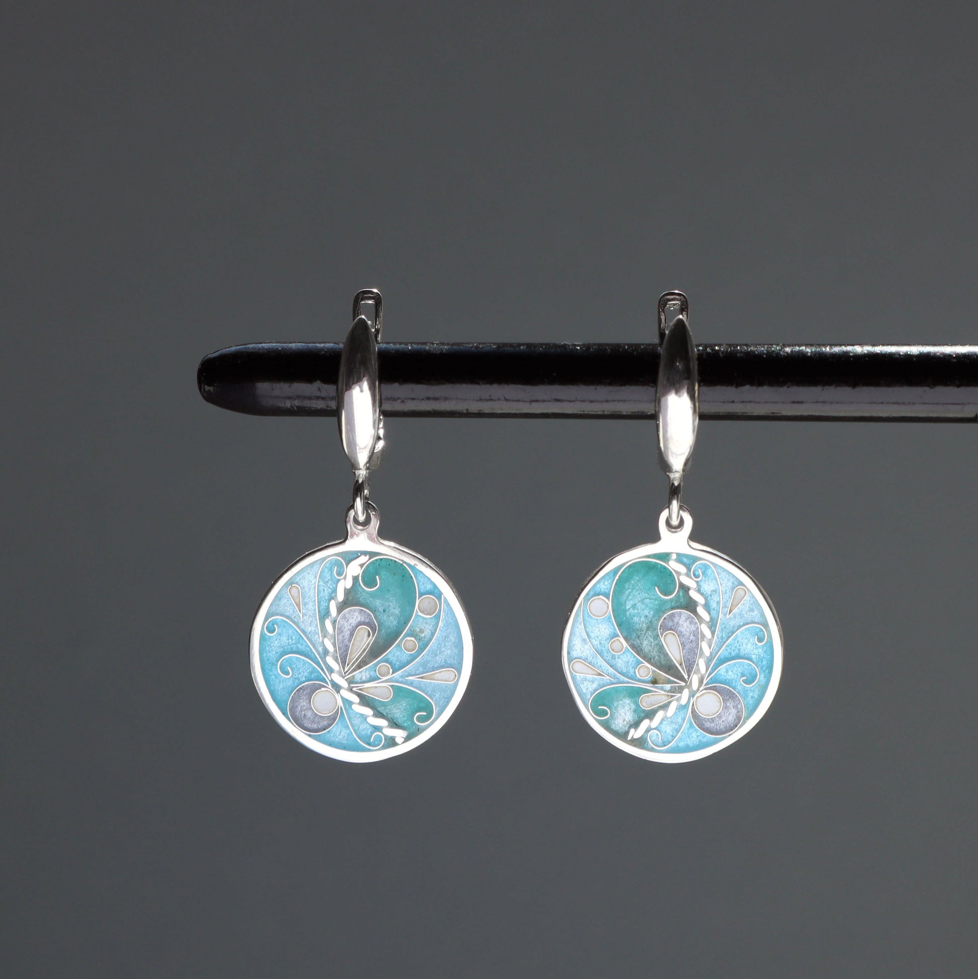 georgian cloisonne enamel earrings, sterling silver earrings