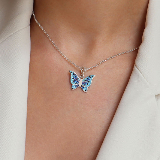 blue butterfly necklace, enamel pendant