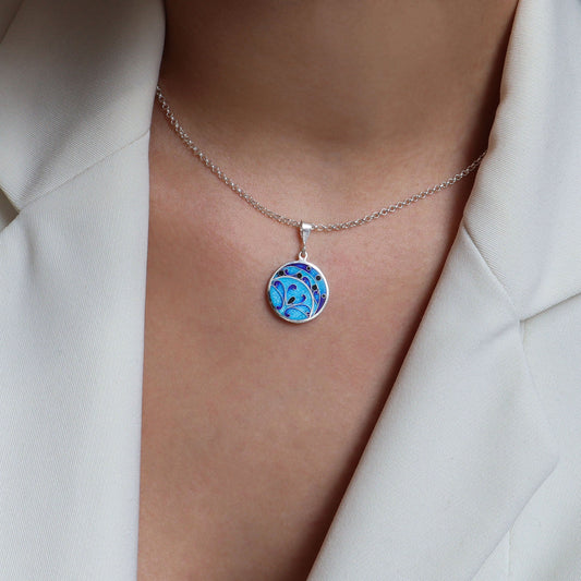 cloisonne necklace, blue enamel pendant 