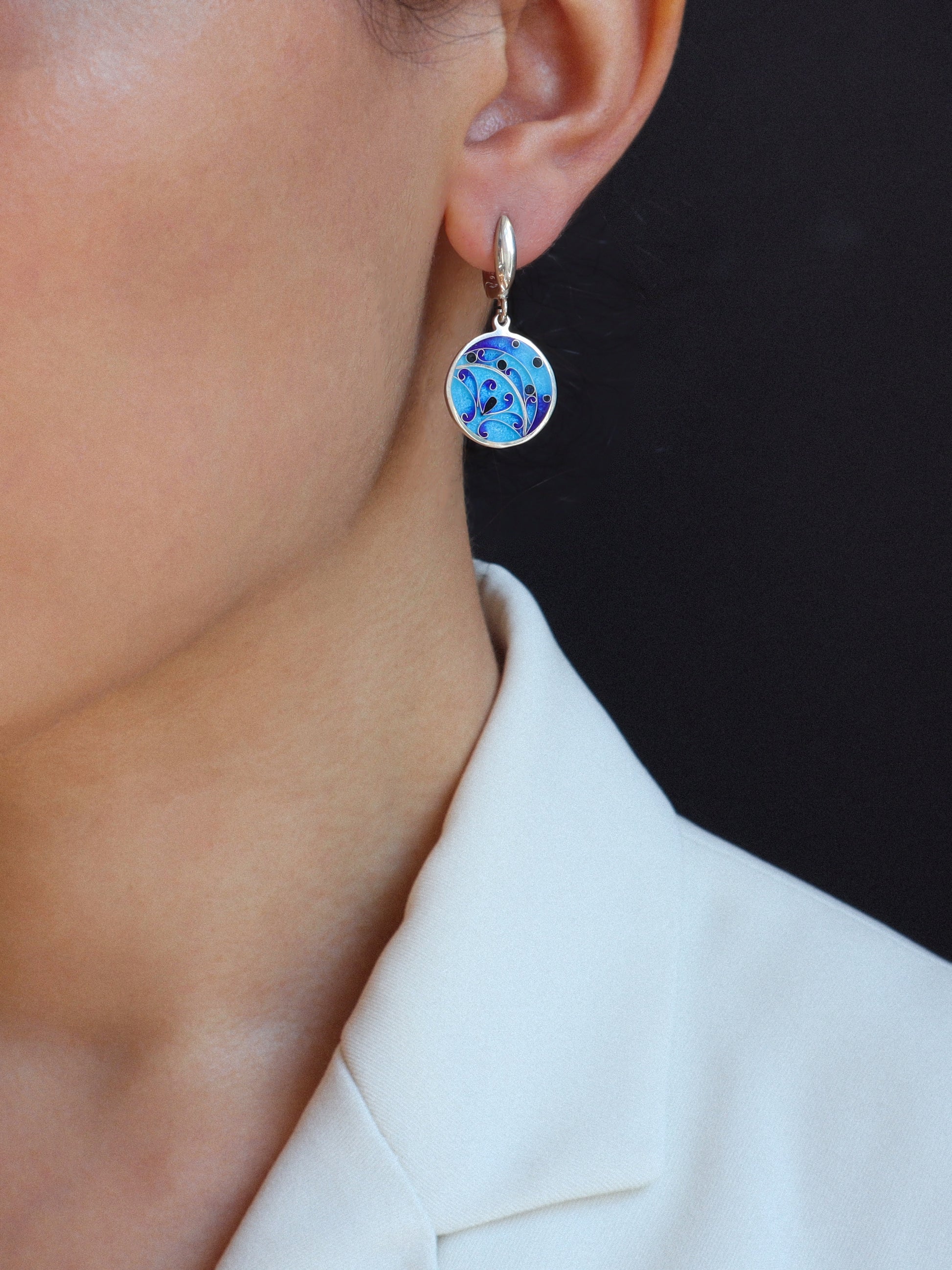 blue cloisonne earrings, silver enamel earrings