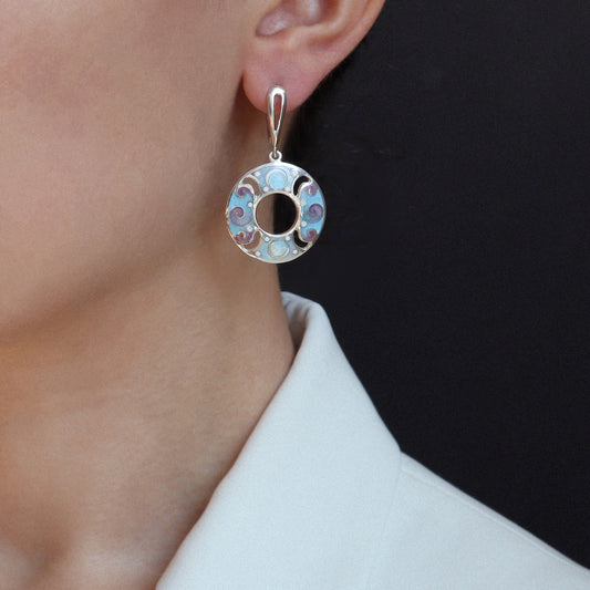round cloisonne enamel, sterling silver earrings, handmade jewelry