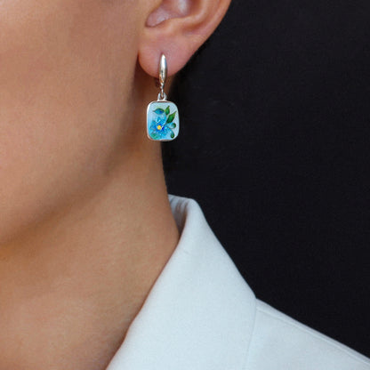 floral cloisonne earrings, dangle silver earrings