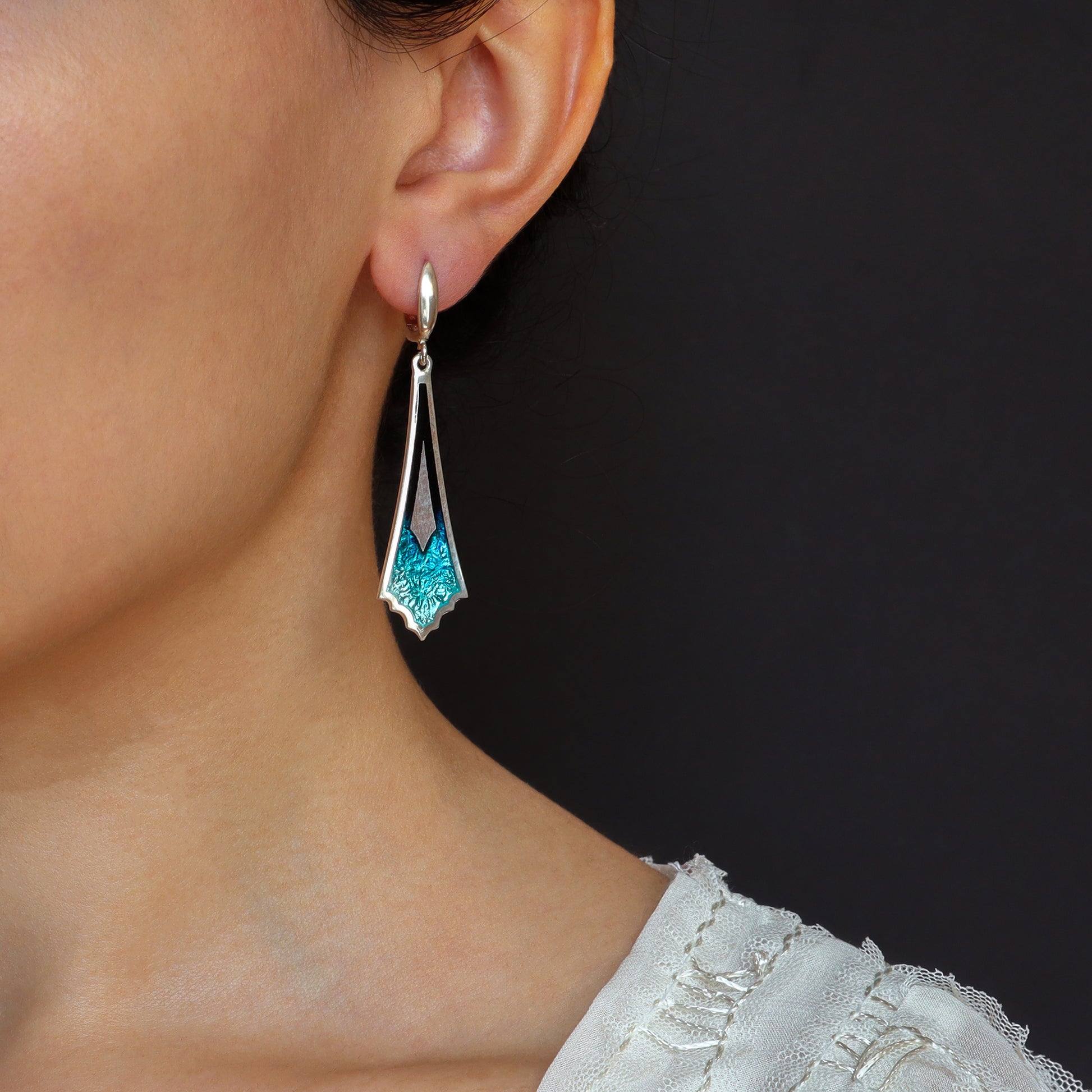 silver enamel earrings, dangle silver earrings, minankari