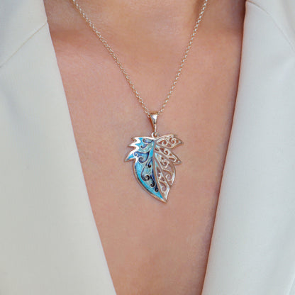 enamel leaf necklace, cloisonne jewelry minankari