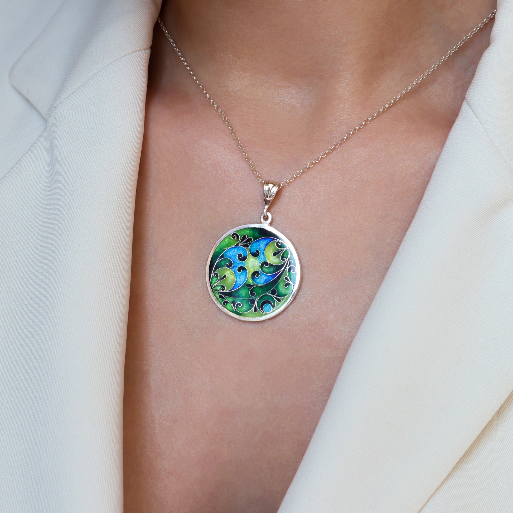 minankari, georgian enamel pendant, sterling silver