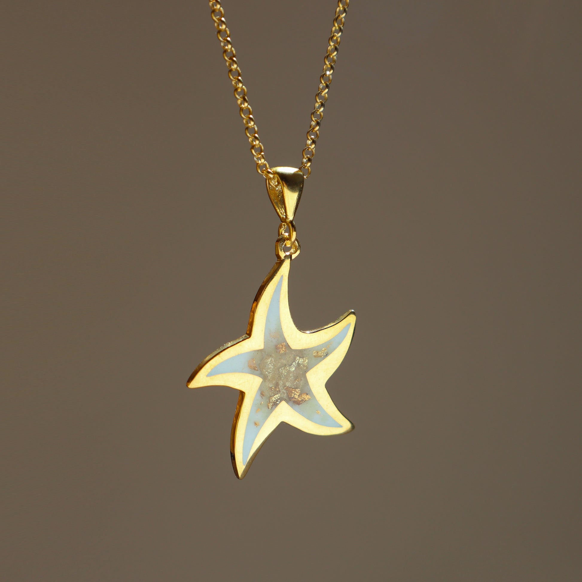 gold starfish necklace, gold enamel necklace