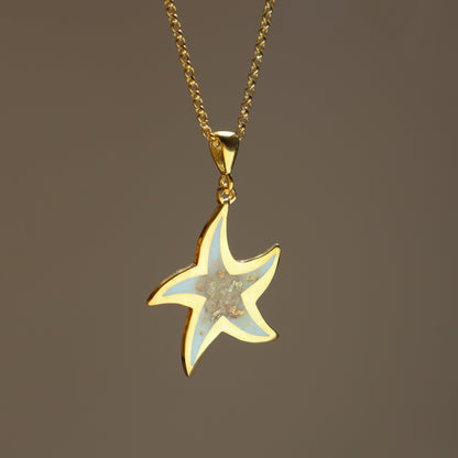 gold starfish necklace, gold enamel necklace