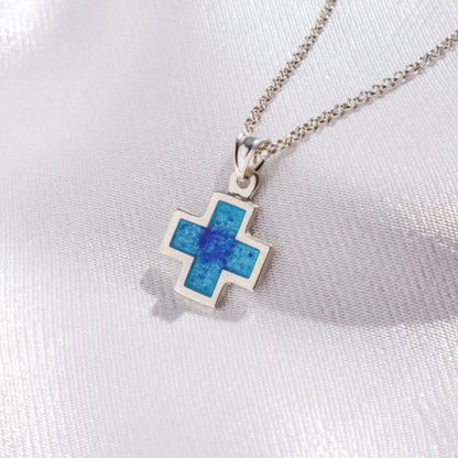 blue enamel cross, sterling silver cross necklace