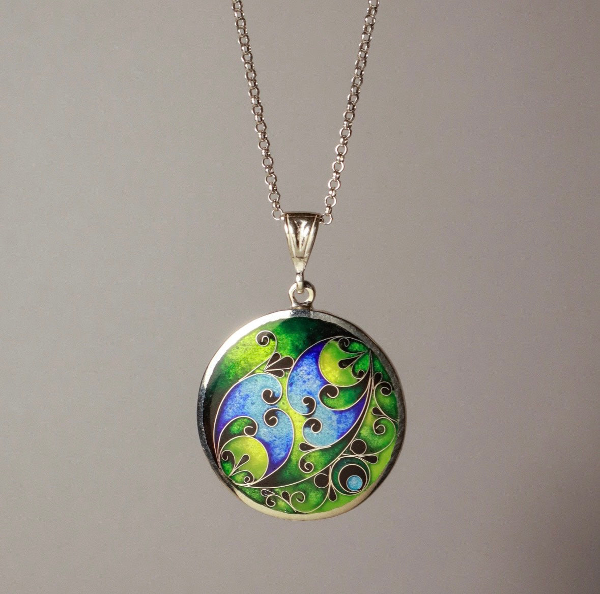 cloisonne jewely, sterling silver pendant necklace