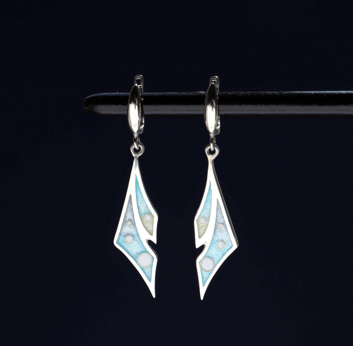 modern silver earrings, blue enamel earrings , georgian enamel