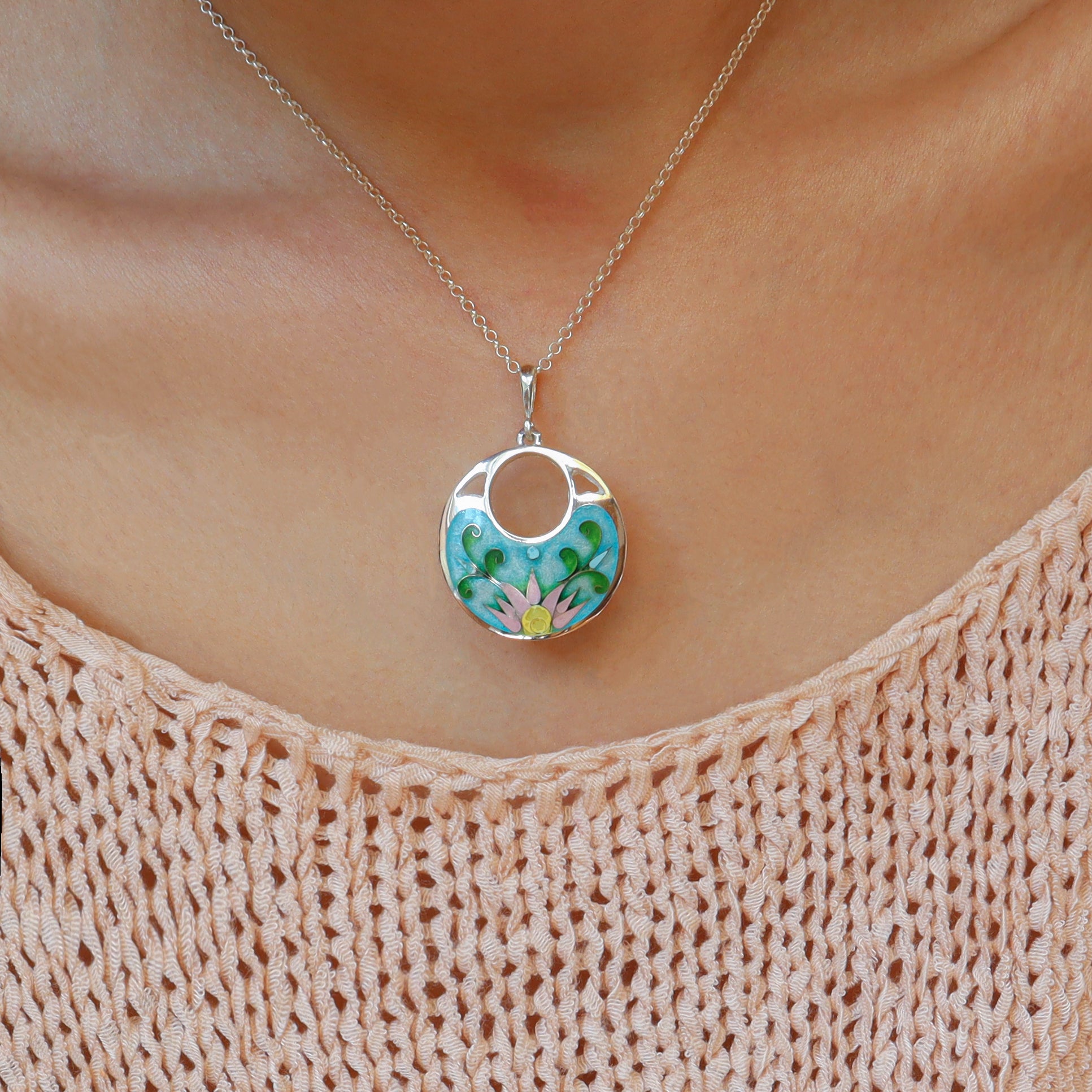 cloisonne lotus necklace, georgian cloisonne enamel, minankari
