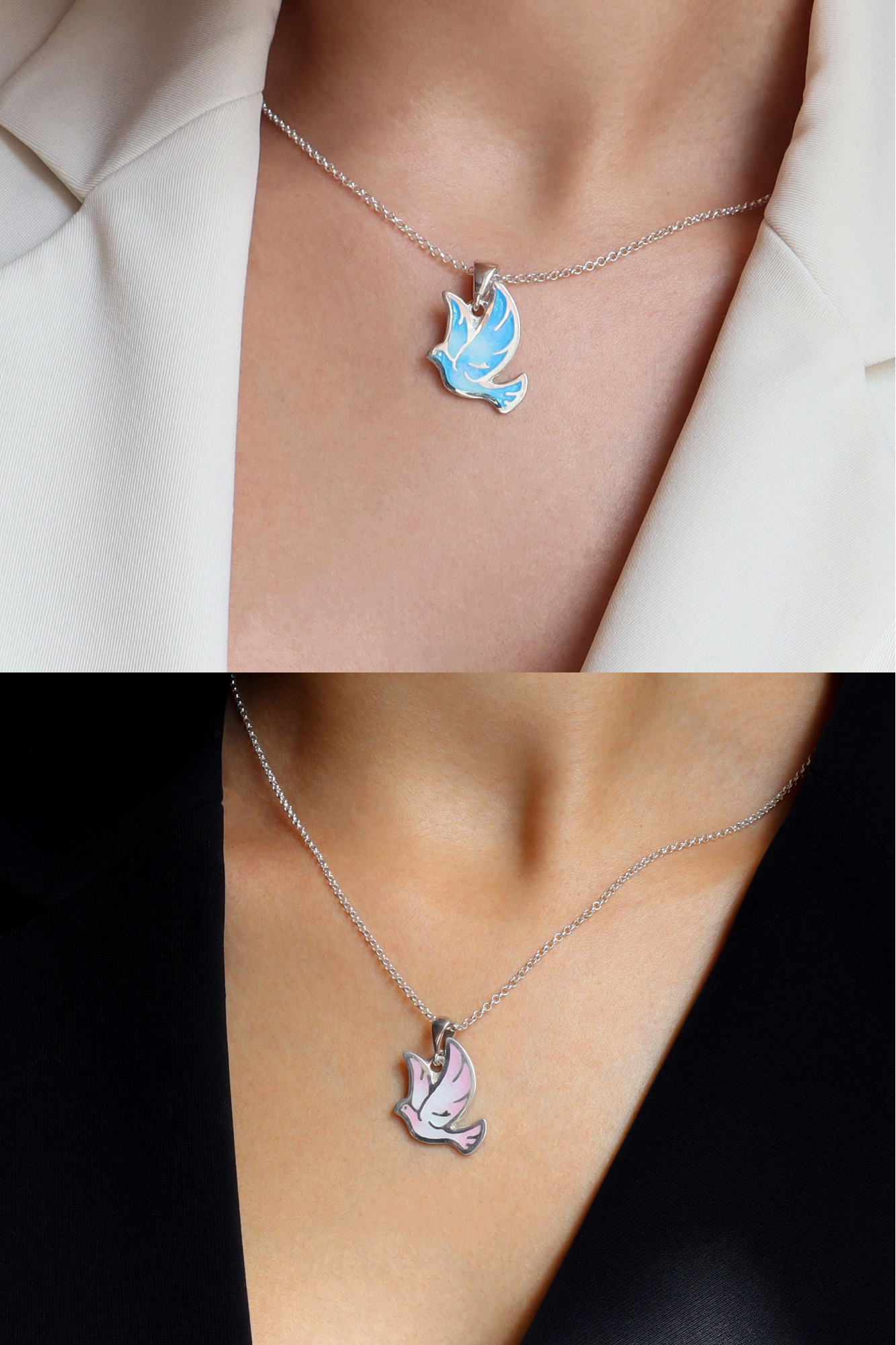 blue dove pendant, pink dove necklace