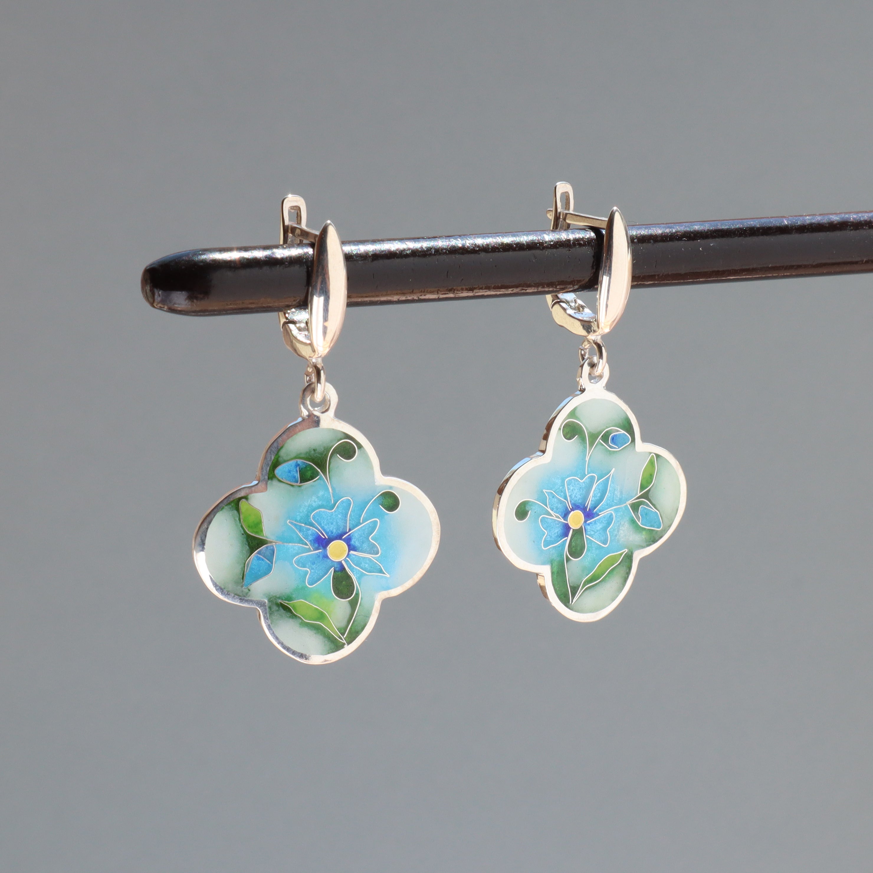 sterling silver dangle earrings, closonne blue earrings