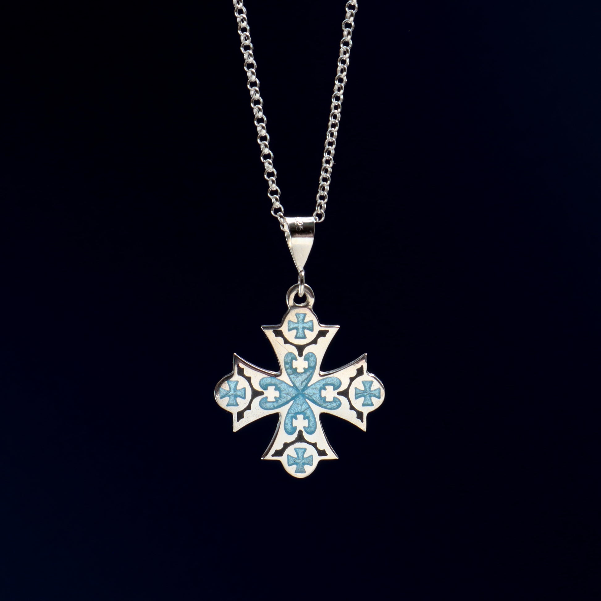 silver cross pendant, cloisonne enamel cross