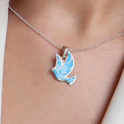 enamel dove necklace, silver dove