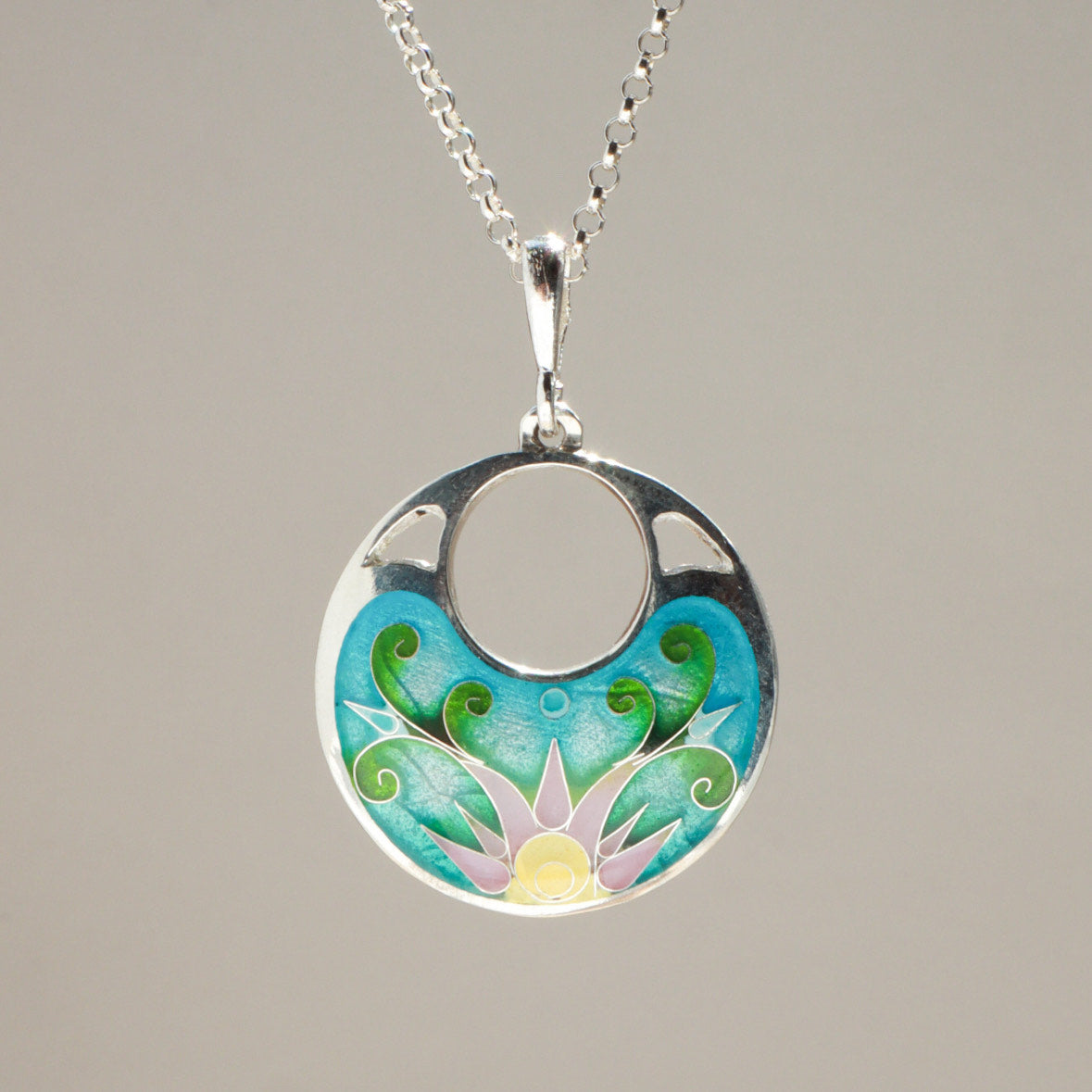 silver lotus necklace, cloisonne enamel