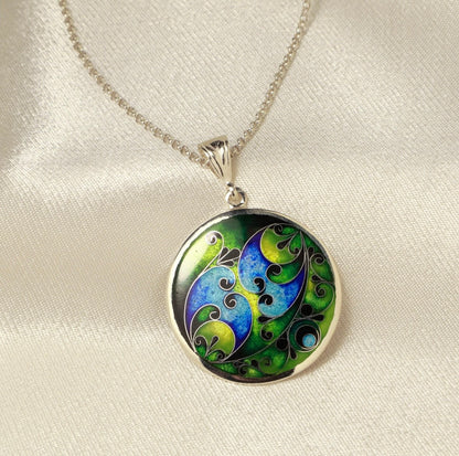 georgian cloisonne enamel necklace, sterling silver pendant