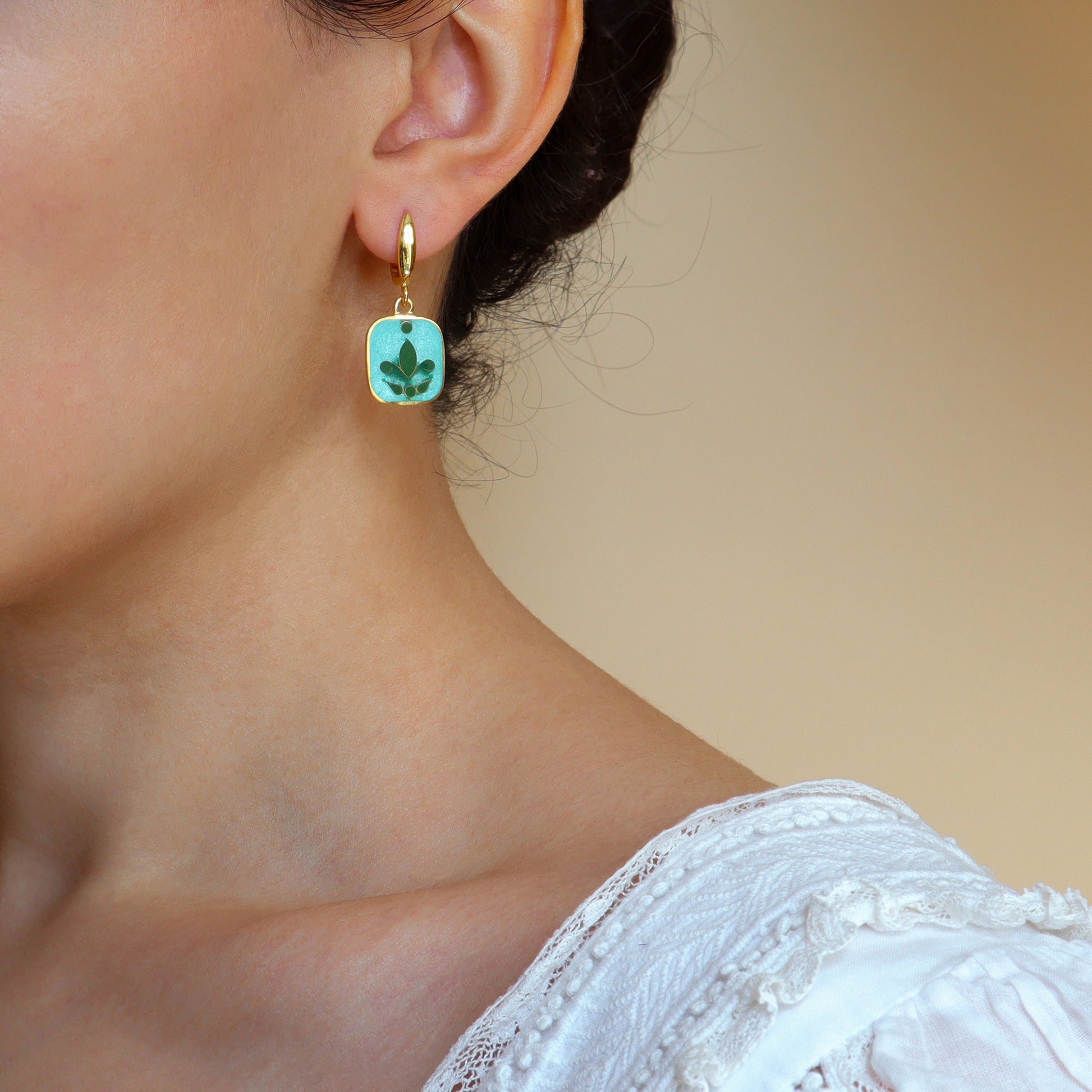 gold cloisonne earrings, handmade jewelry