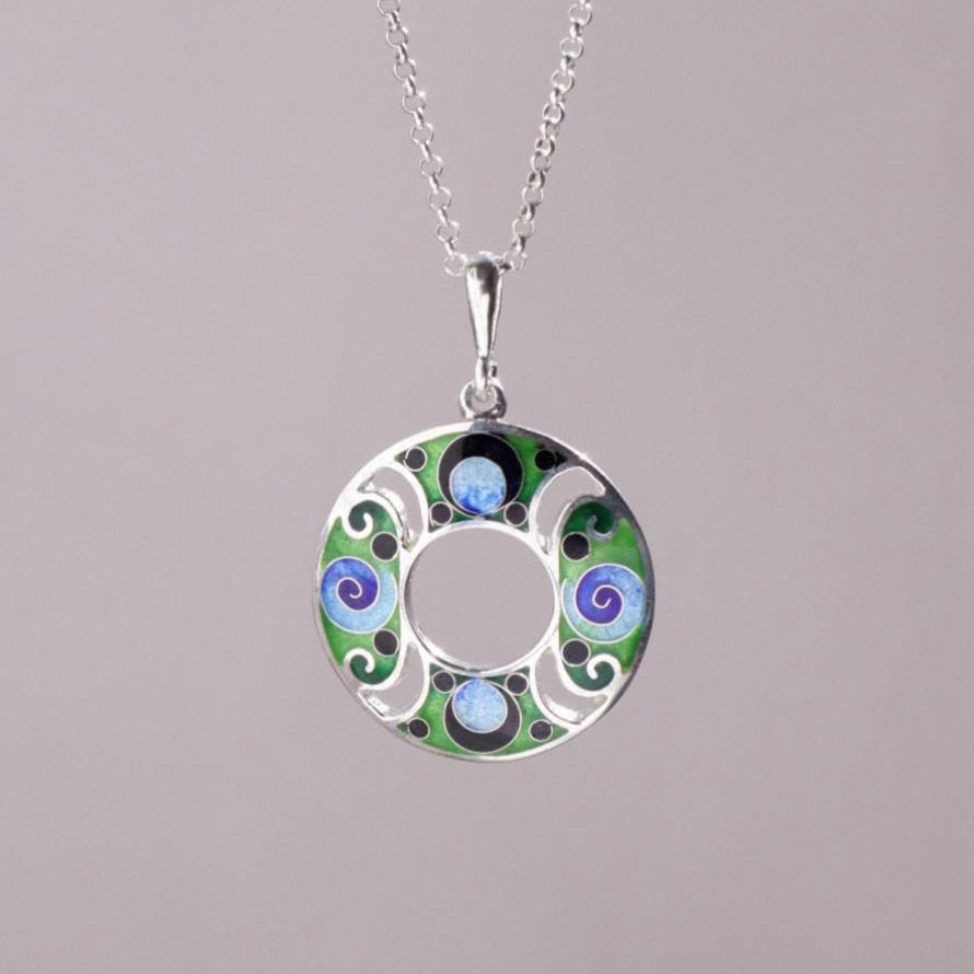 cloisonne necklace, green enamel pendant