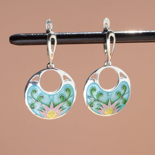 lotus flower earrings, cloisonne lotus earrings, silver enamel earrings