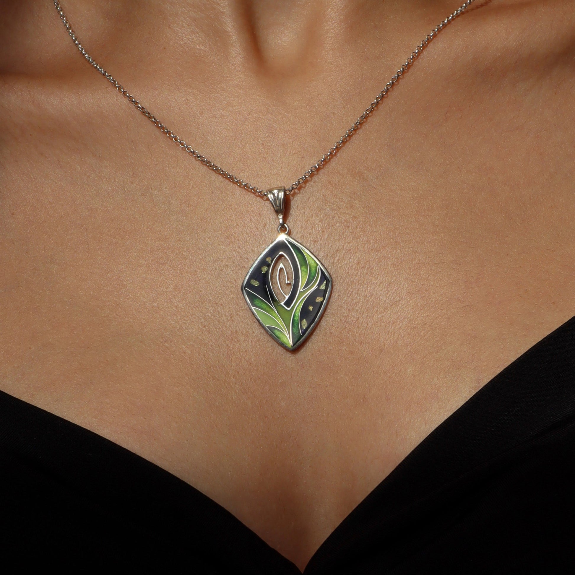 Cloisonne enamel pendant with gold foil details, sterling silver pendant necklace