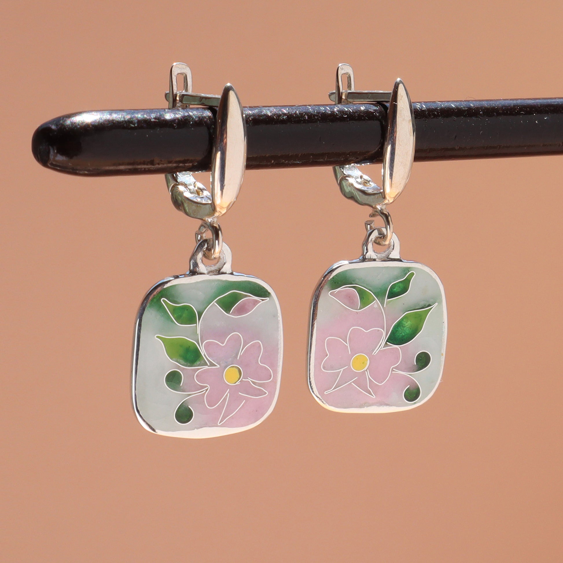 pink floral earrings, dangle silver earrings
