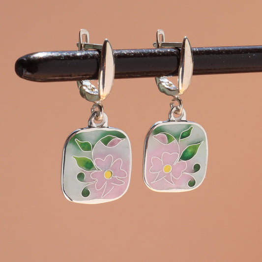 pink floral earrings, dangle silver earrings