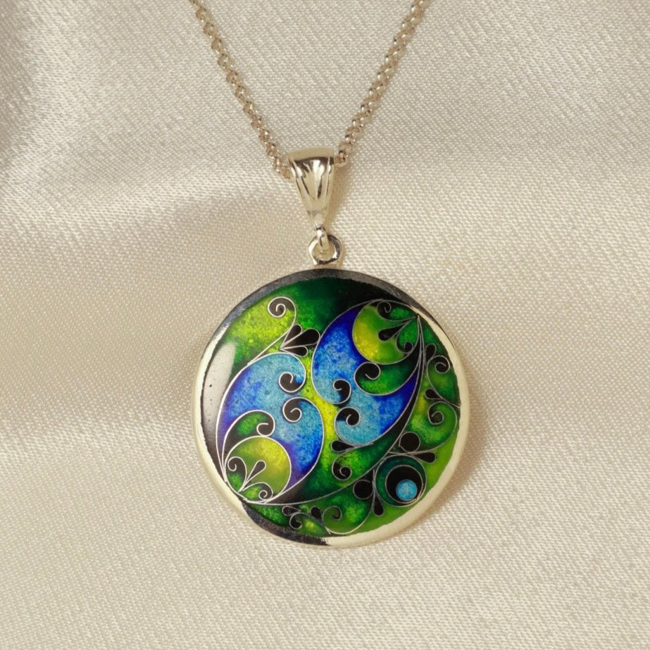 round cloisonne enamel necklace, handmade silver pendant