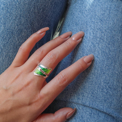 green ring, silver enamel ring