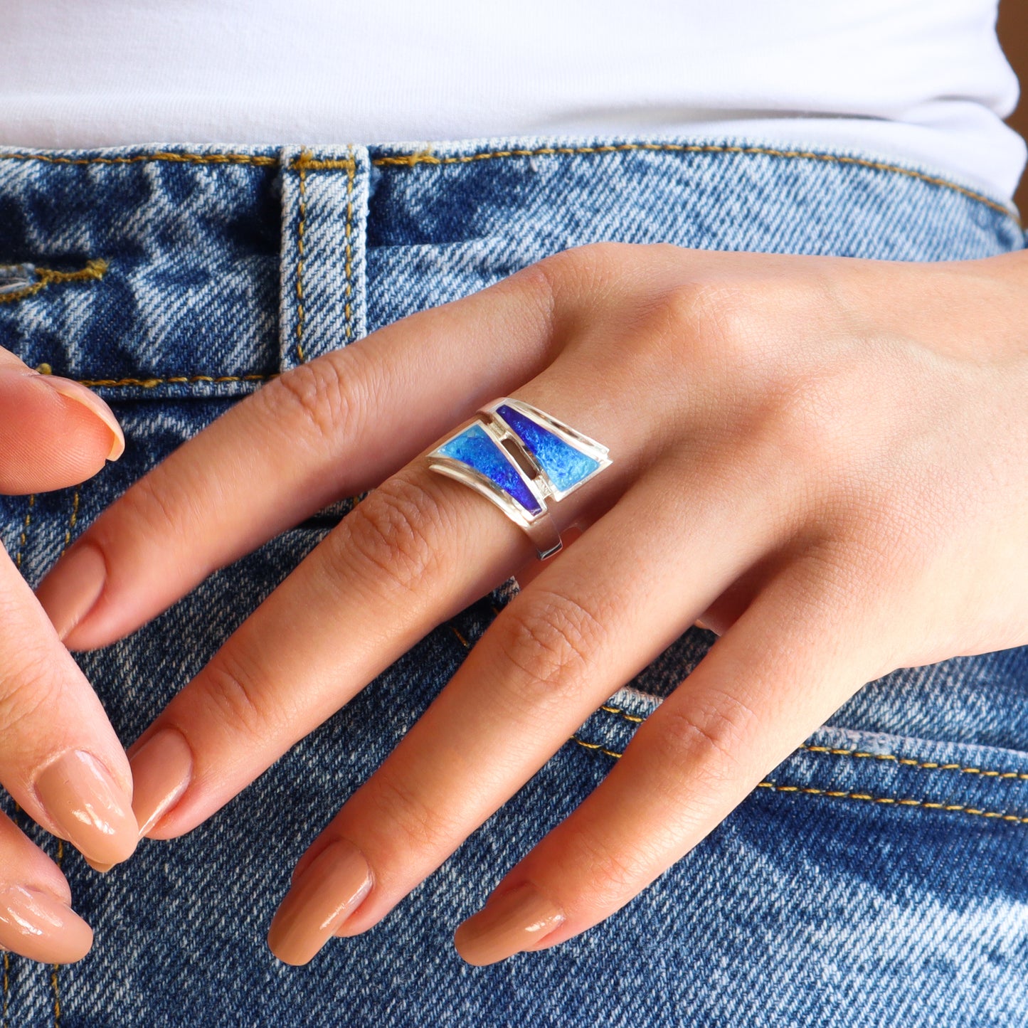 blue enamel ring, sterling silver ring